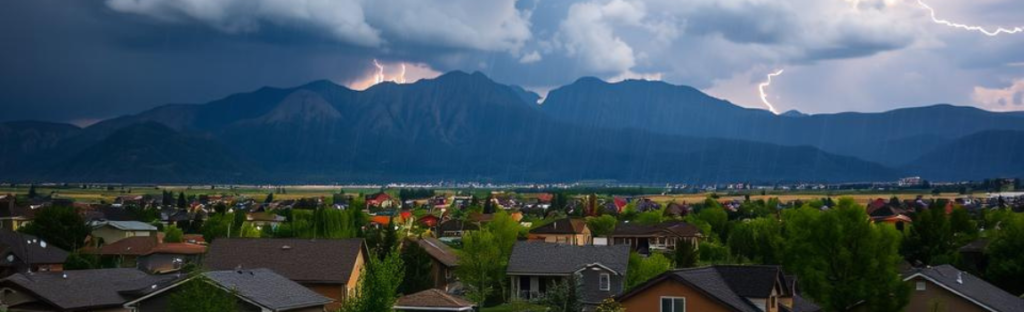 mountain range with clouds and lihjtning with homes