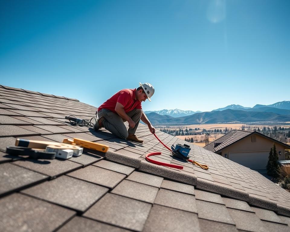 Person in hard hat working on a house roof with mountains in the background.