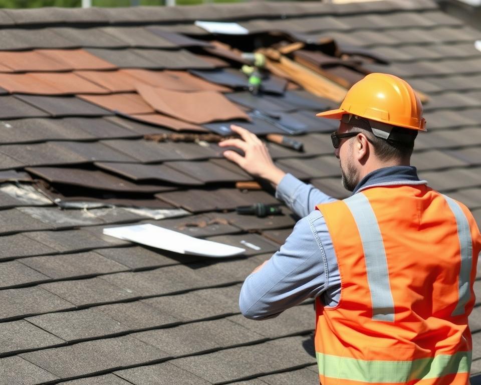 A construction worker in an orange safety vest examines damaged shingles on a roof.