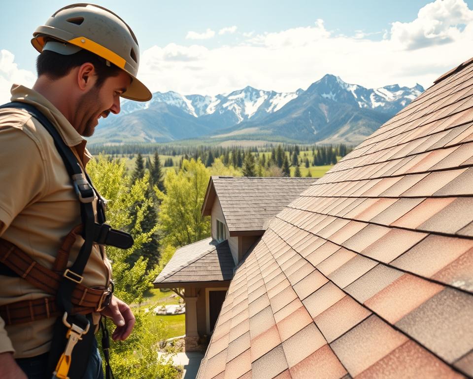 roof inspection mountain range in background