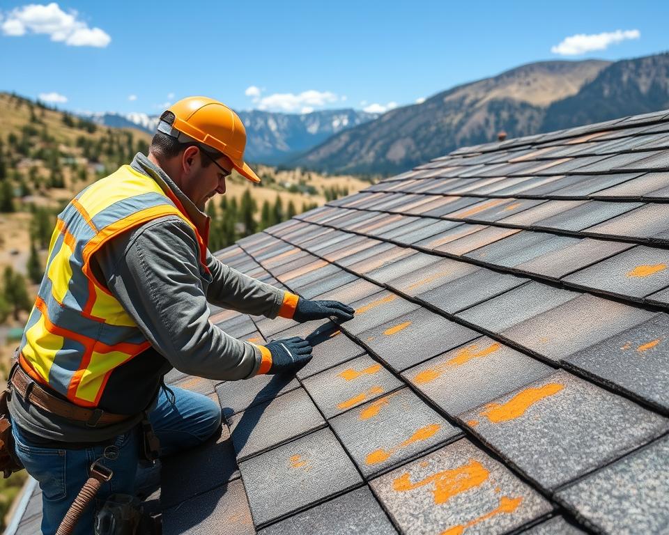 A worker in a safety vest and helmet inspects a tiled roof with orange patches, against a mountainous landscape.
